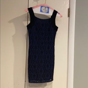 Navy blue pattern dress with suede black straps